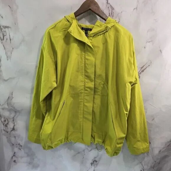 Eileen Fisher Jacket Womens Small Neon Windbreaker Hooded Chartreuse Organic - Picture 1 of 11